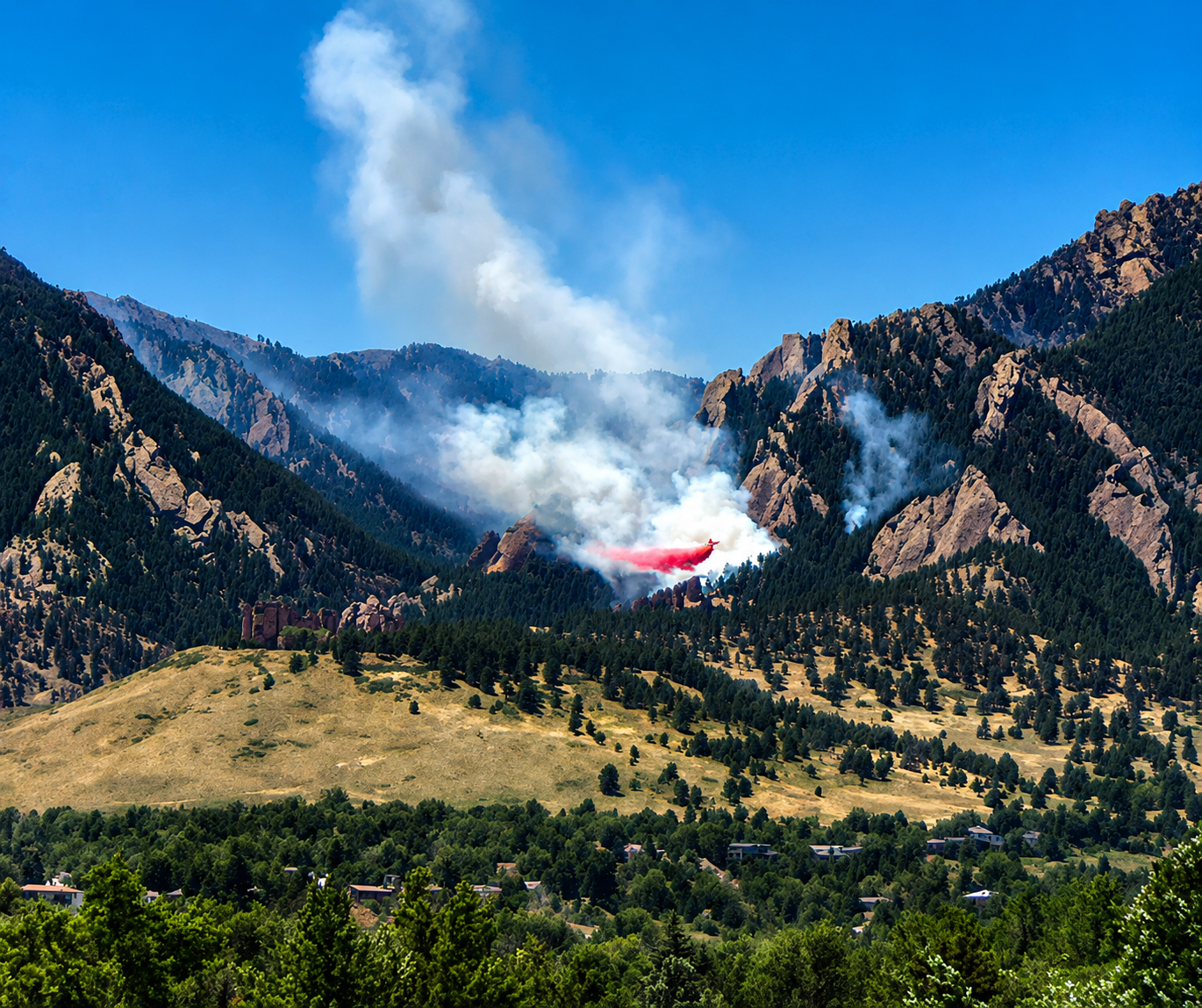 Aerial retardant drop over the Boulder Flatirons during the Four Mile Canyon Fire, 2010