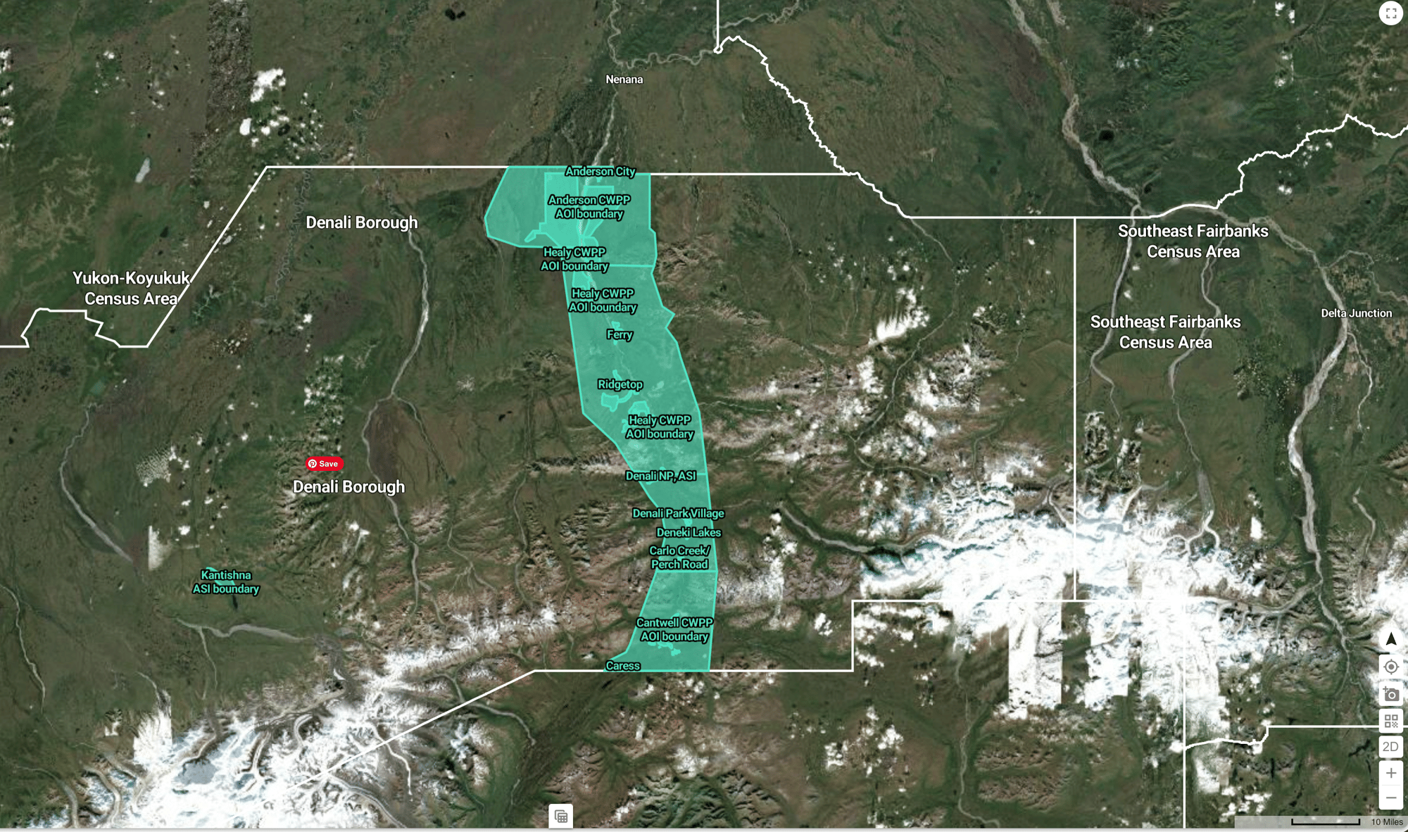 Bintel geospatial map of Denali Borough, Alaska showing CWPP community boundaries and areas of special interest including Healy, Anderson, Cantwell, Denali Park Village, and surrounding communities along the corridor.