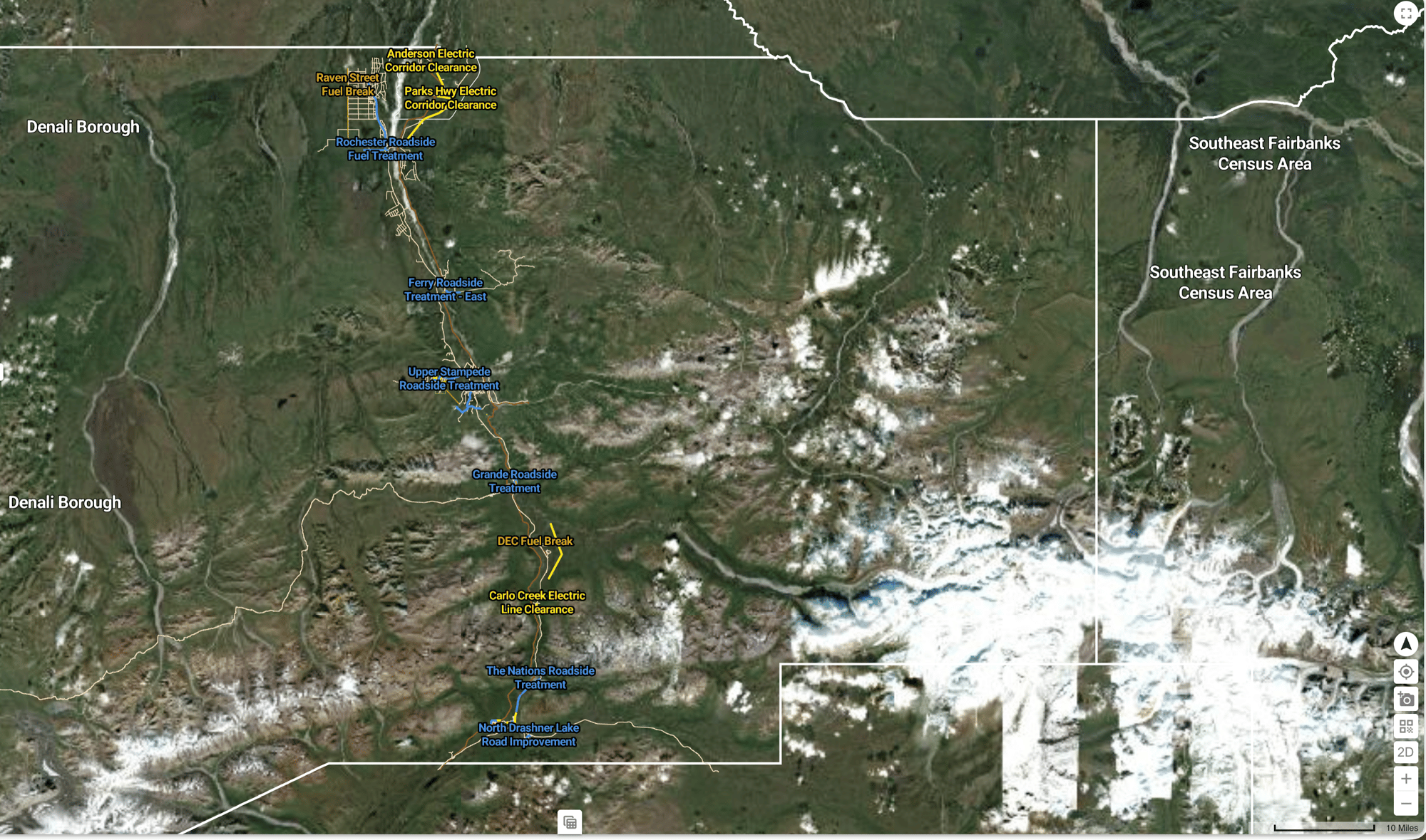 Bintel geospatial map of Denali Borough, Alaska showing recommended wildfire fuel treatments including roadside treatments, fuel breaks, and electric corridor clearances along the Parks Highway corridor.