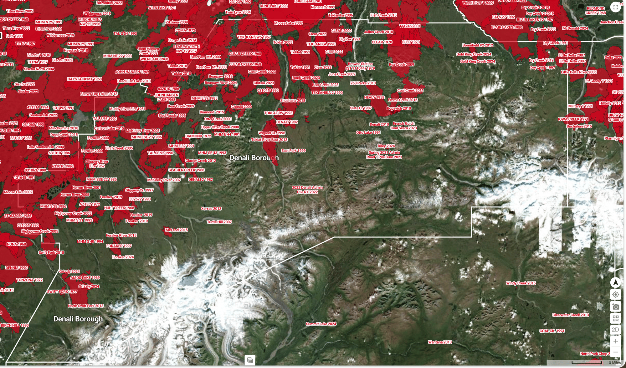 Bintel geospatial map showing wildfire fire history across Denali Borough, Alaska from 1952 to 2024, with red shading indicating historical burn areas and labeled fire incidents spanning decades of wildfire activity.